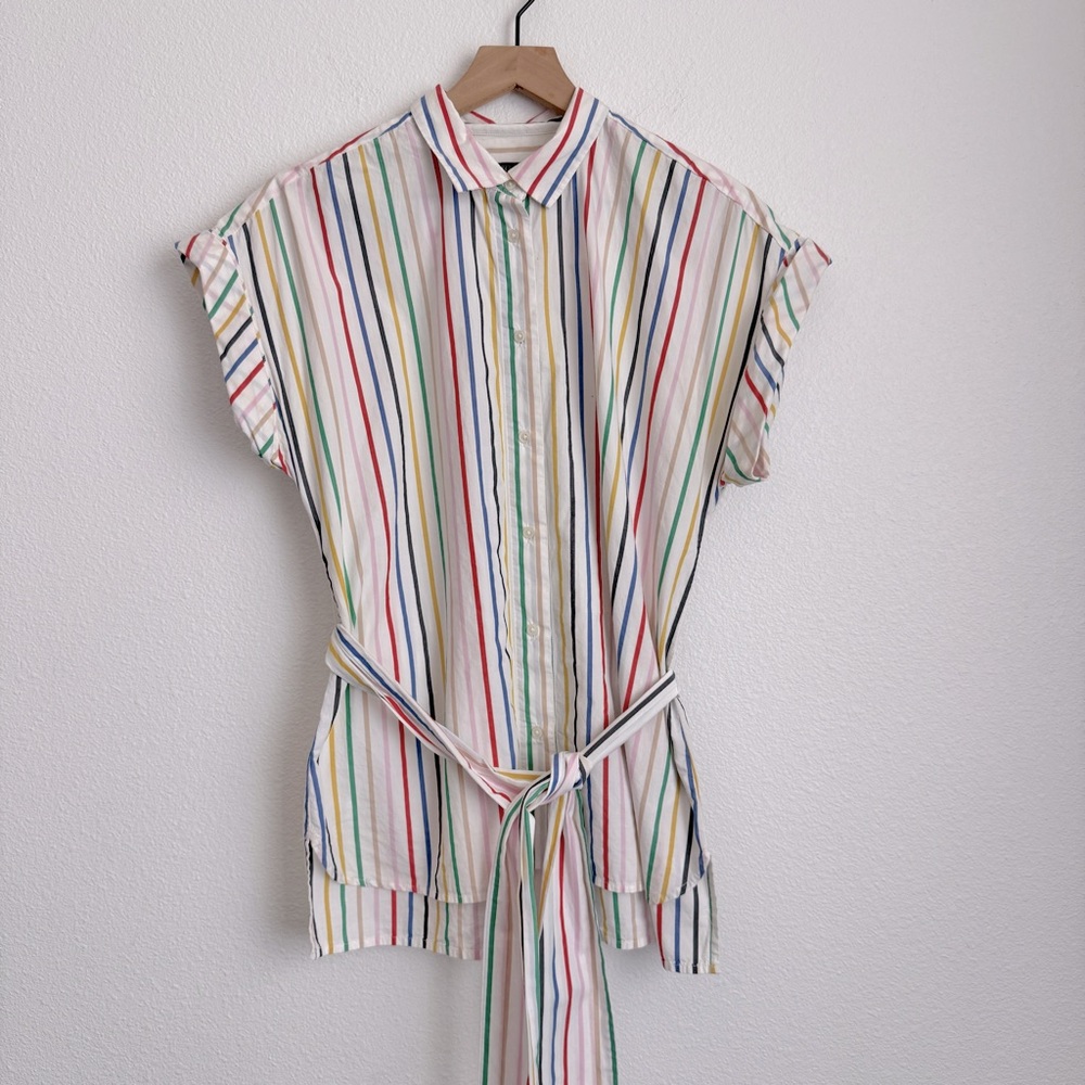 J. Crew Button-front tie-waist top in rainbow mini stripe cotton poplin